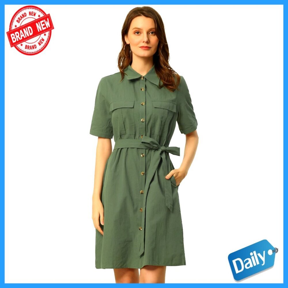 Safari Dress Collared Short Sleeve Cotton Belted Button Down Shirtdress Chic